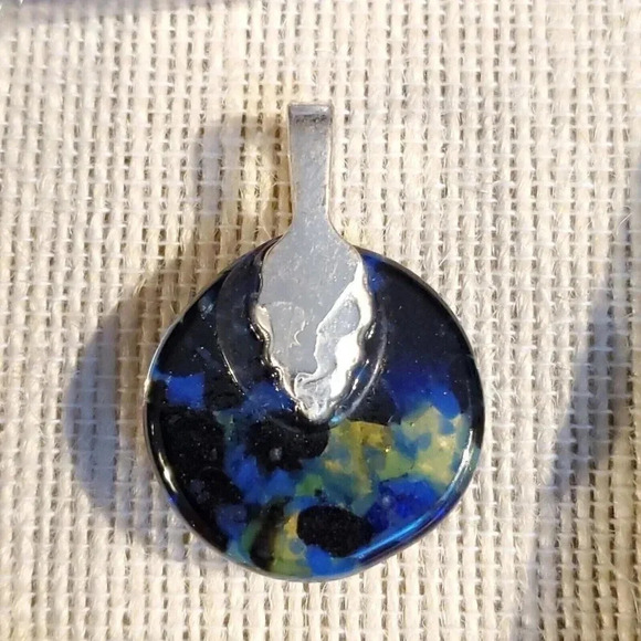 Dichroic Fused Art Glass Round Blue Black Pendant Black Leather Cord Necklace D - Picture 8 of 8